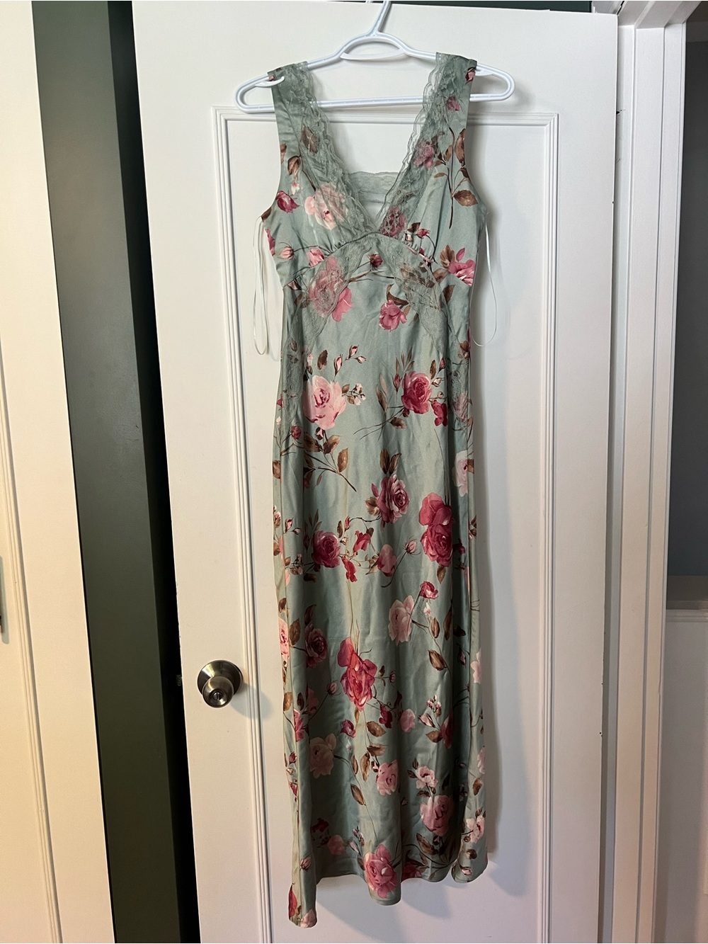 Mint Green Floral Maxi Dress with Pink Rose Print